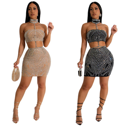 European and American Fashion Women's Sleeveless Strap Rhinestone Set Dress