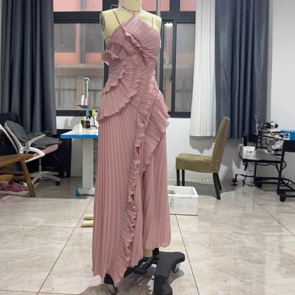 Summer Women's New Fashion Elegant Socialite Ruffled Pleated Halter Neck Strap Dress Long Dress for Women