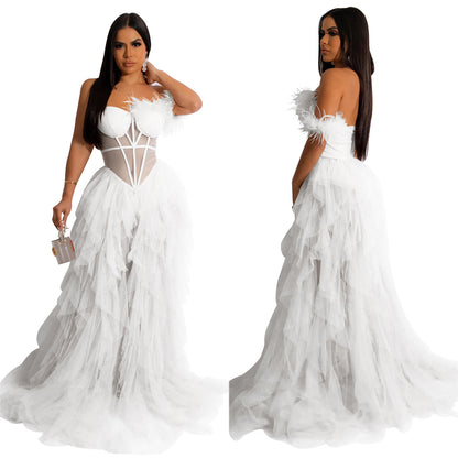 European and American Fashion Women's Solid Color Sleeveless Tube Top Mesh Long Dress