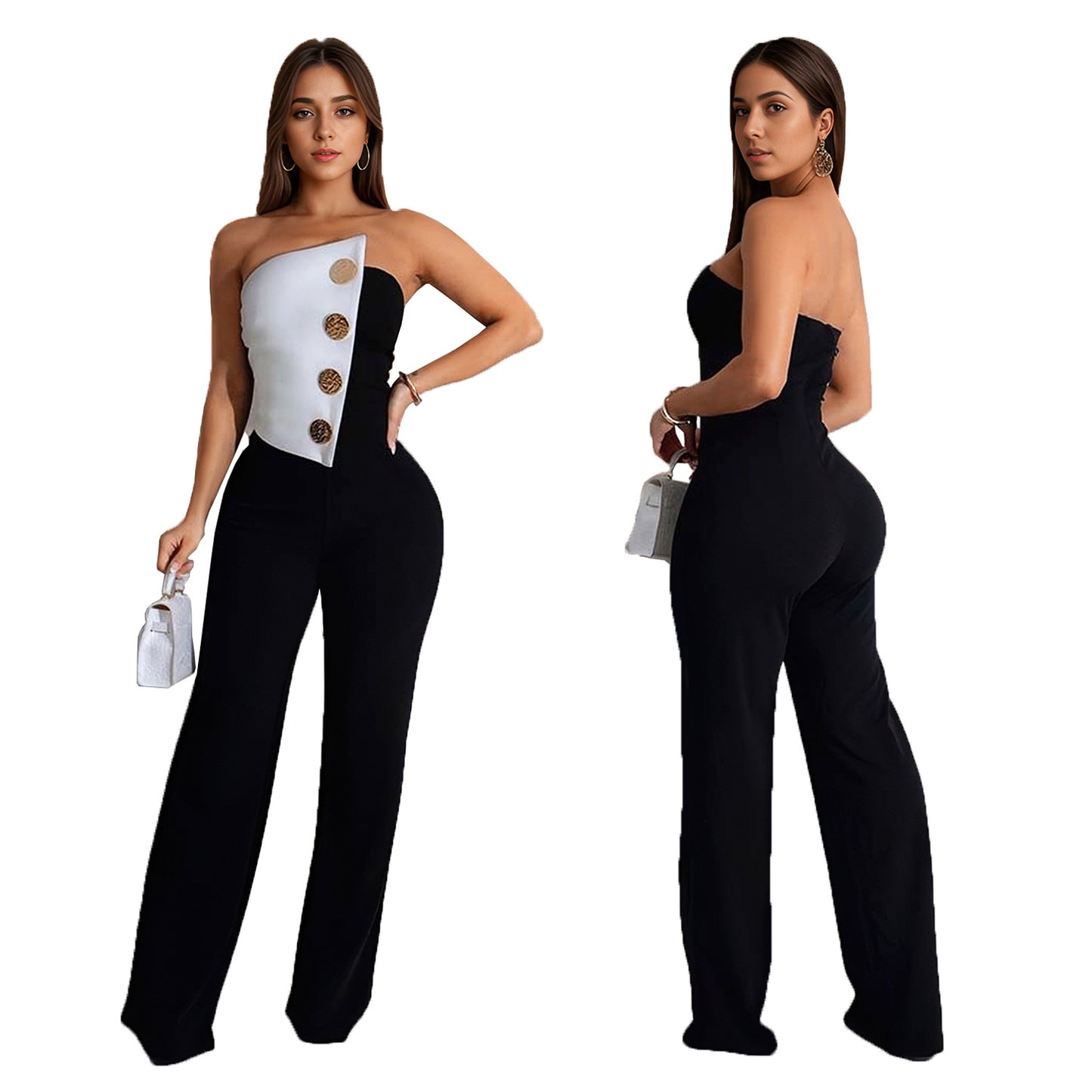 European and American Fashion Women's Sleeveless Button Jumpsuit Long Pants New