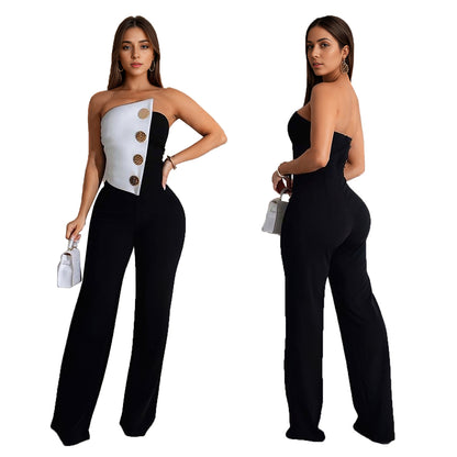 European and American Fashion Women's Sleeveless Button Jumpsuit Long Pants New