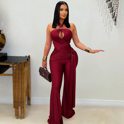 European and American Fashion Women's Solid Color Elegant Halter Neck Wide Leg Arm-Hugging Jumpsuit