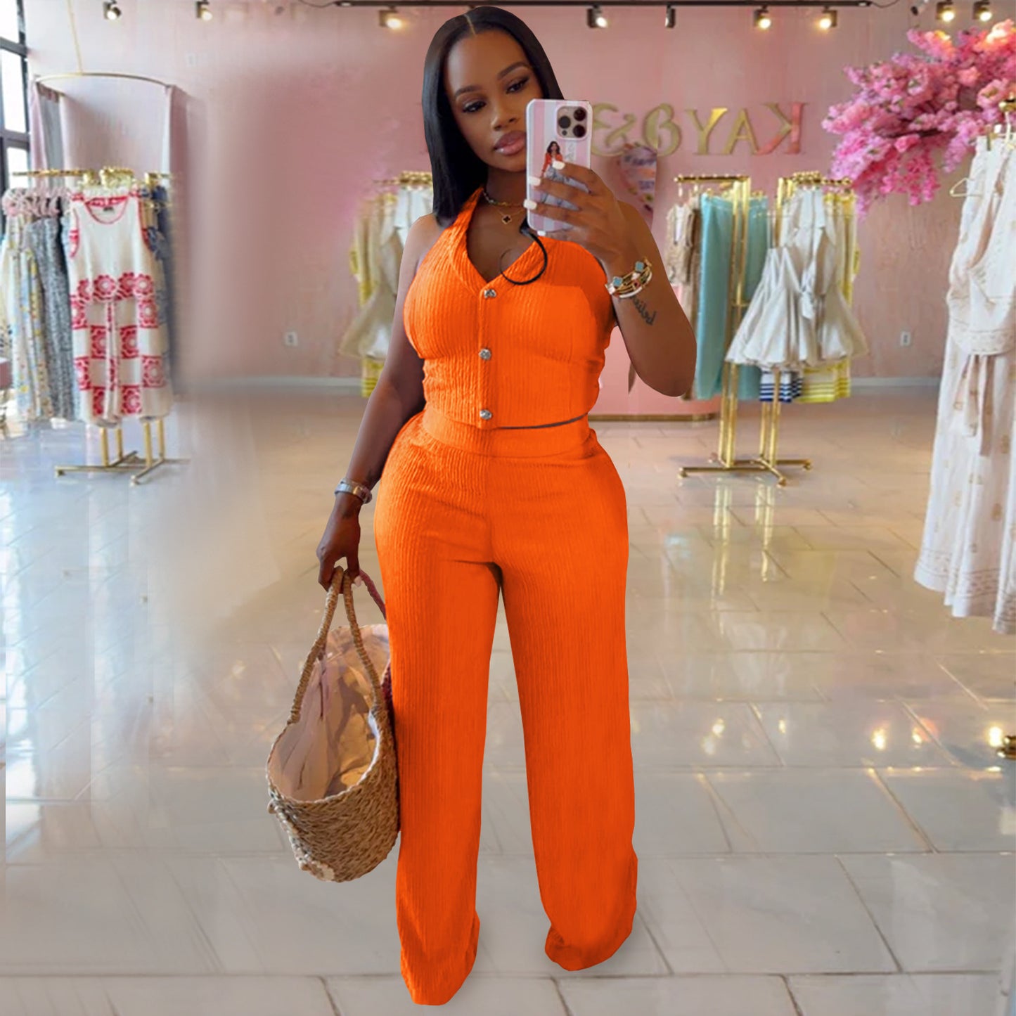 European and American Fashion Women's Casual Halter Neck Tie Top and Long Pants Two-Piece Set