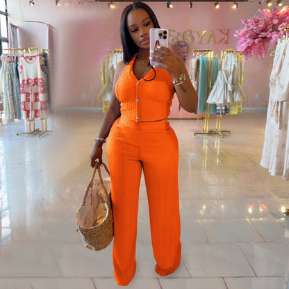 European and American Fashion Women's Casual Halter Neck Tie Top and Long Pants Two-Piece Set