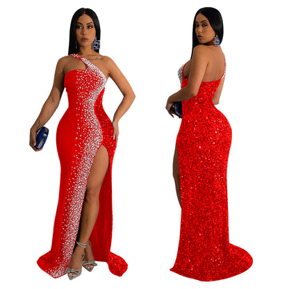Fashion Women's Solid Color Rhinestone Sequin Sleeveless Long Dress