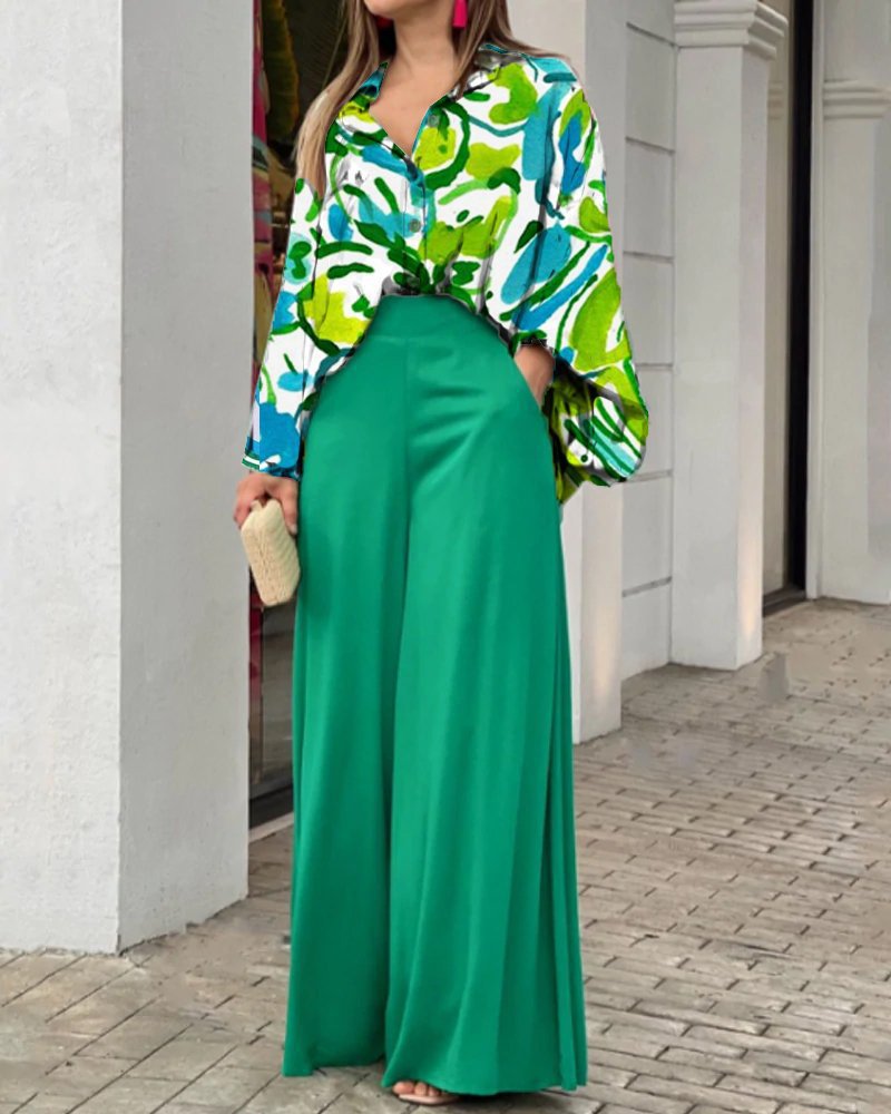 Summer Loose Plus Size Fashion Casual Printed Wide-Leg Pants Two-Piece Set
