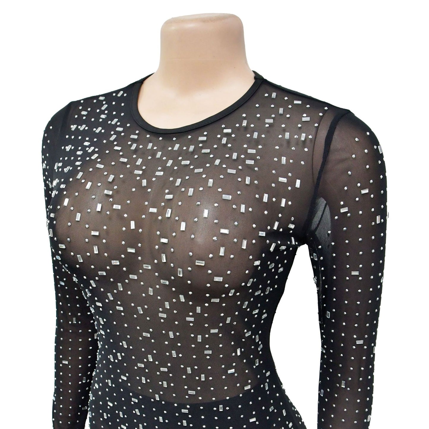 European and American Fashion Women's Solid Color Mesh Rhinestone Long Sleeve Long Dress