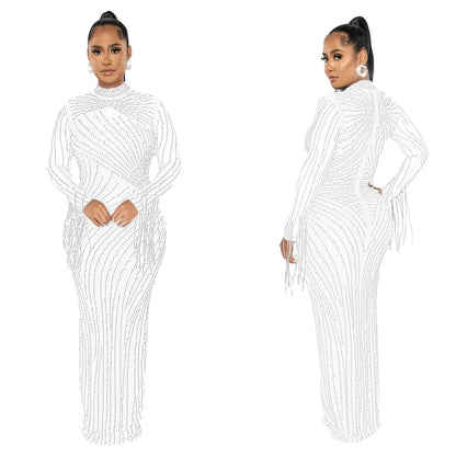 European and American Fashion Women's Clothing Mesh See-through Rhinestone Long Sleeve Long Dress Lined Two-piece Set