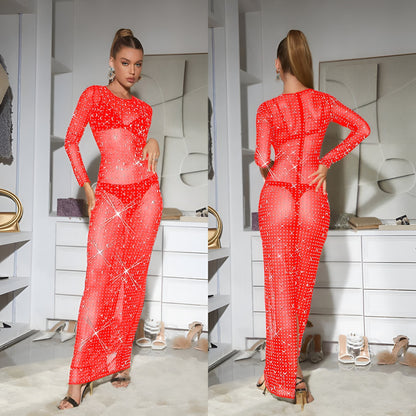 European and American Fashion Women's Solid Color Mesh Rhinestone Long Sleeve Long Dress
