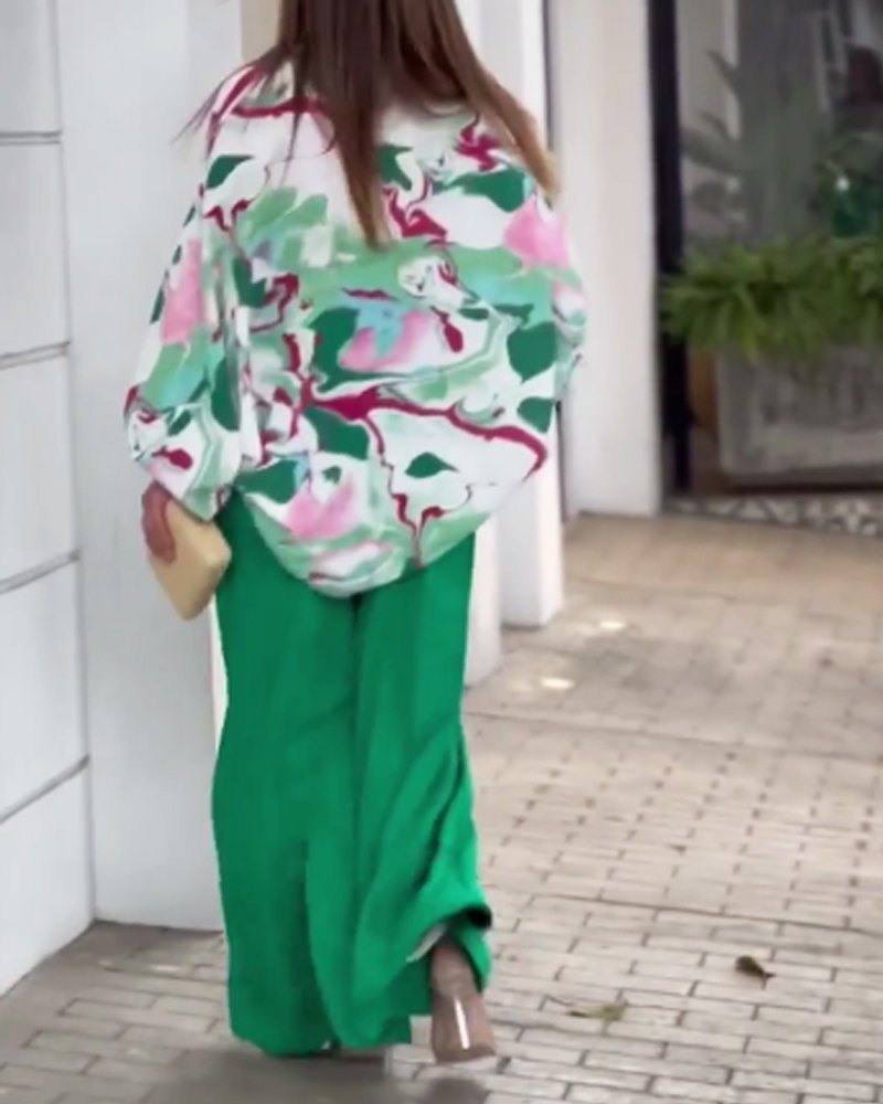 Summer Loose Plus Size Fashion Casual Printed Wide-Leg Pants Two-Piece Set