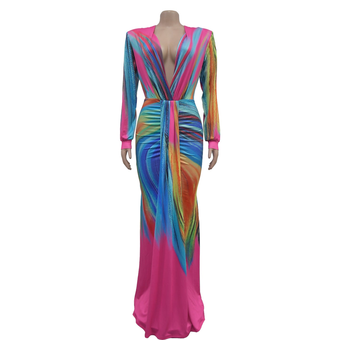 European and American Fashion Women's Pleated Color Block Casual Long Dress