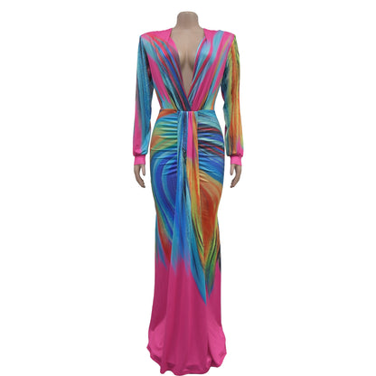 European and American Fashion Women's Pleated Color Block Casual Long Dress