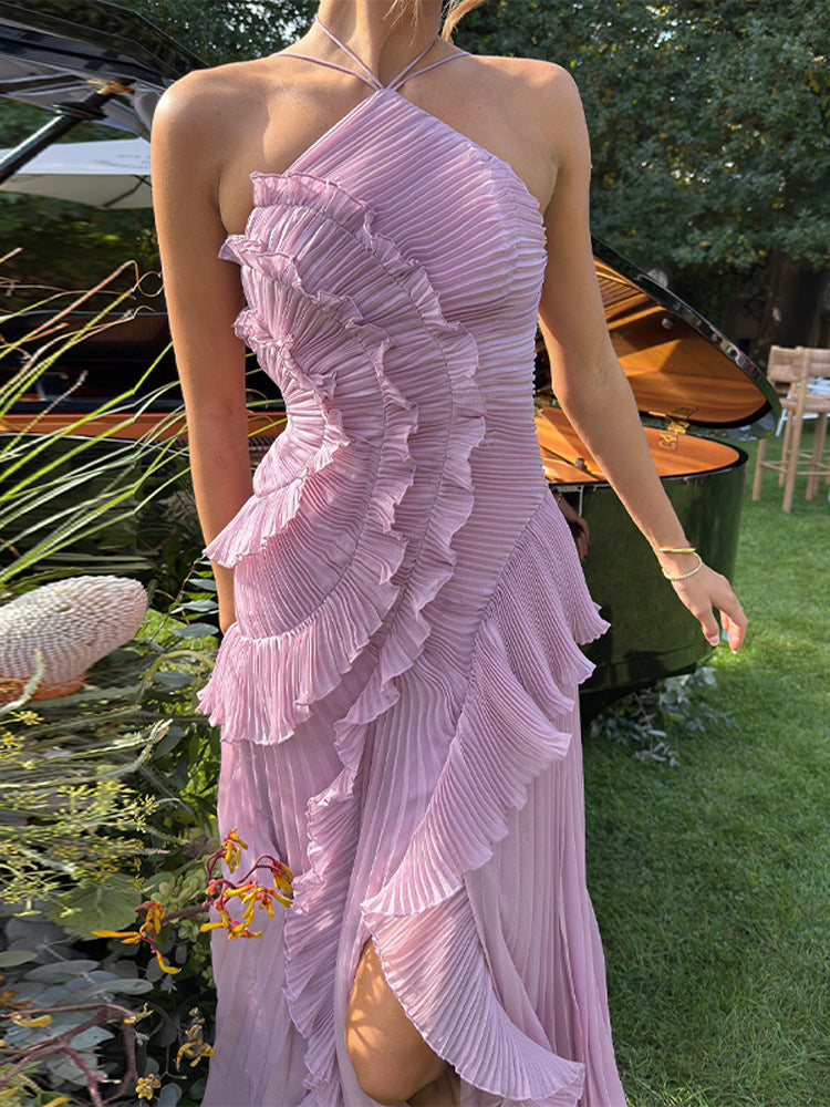 Summer Women's New Fashion Elegant Socialite Ruffled Pleated Halter Neck Strap Dress Long Dress for Women