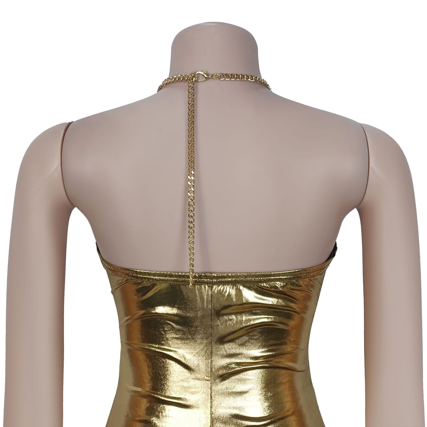 Women's Sexy Halter Neck Gold Chain Ruched Bodycon Dress