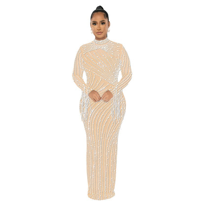 European and American Fashion Women's Clothing Mesh See-through Rhinestone Long Sleeve Long Dress Lined Two-piece Set