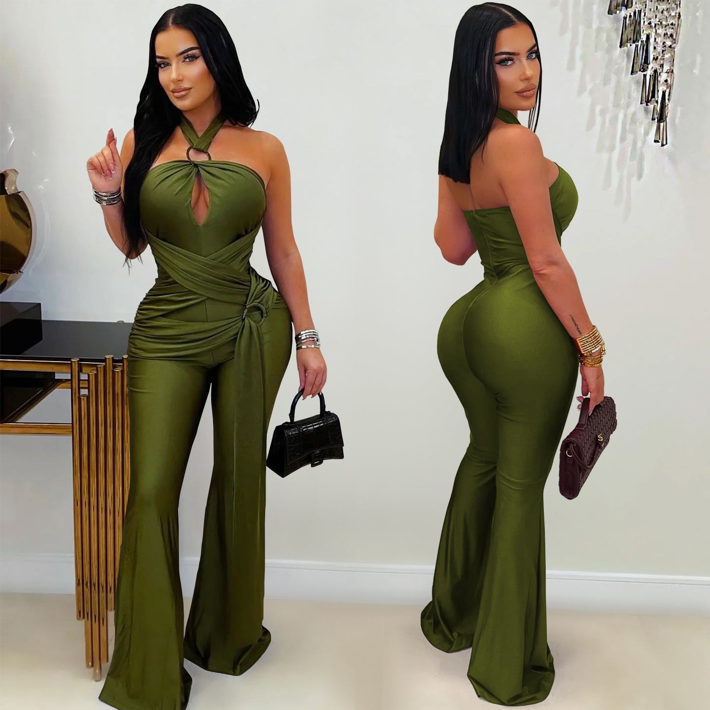 European and American Fashion Women's Solid Color Elegant Halter Neck Wide Leg Arm-Hugging Jumpsuit