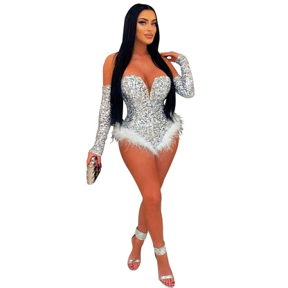 European and American Fashion Women's Solid Color Sequin Long Sleeve Short Jumpsuit