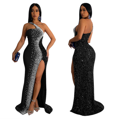 Fashion Women's Solid Color Rhinestone Sequin Sleeveless Long Dress