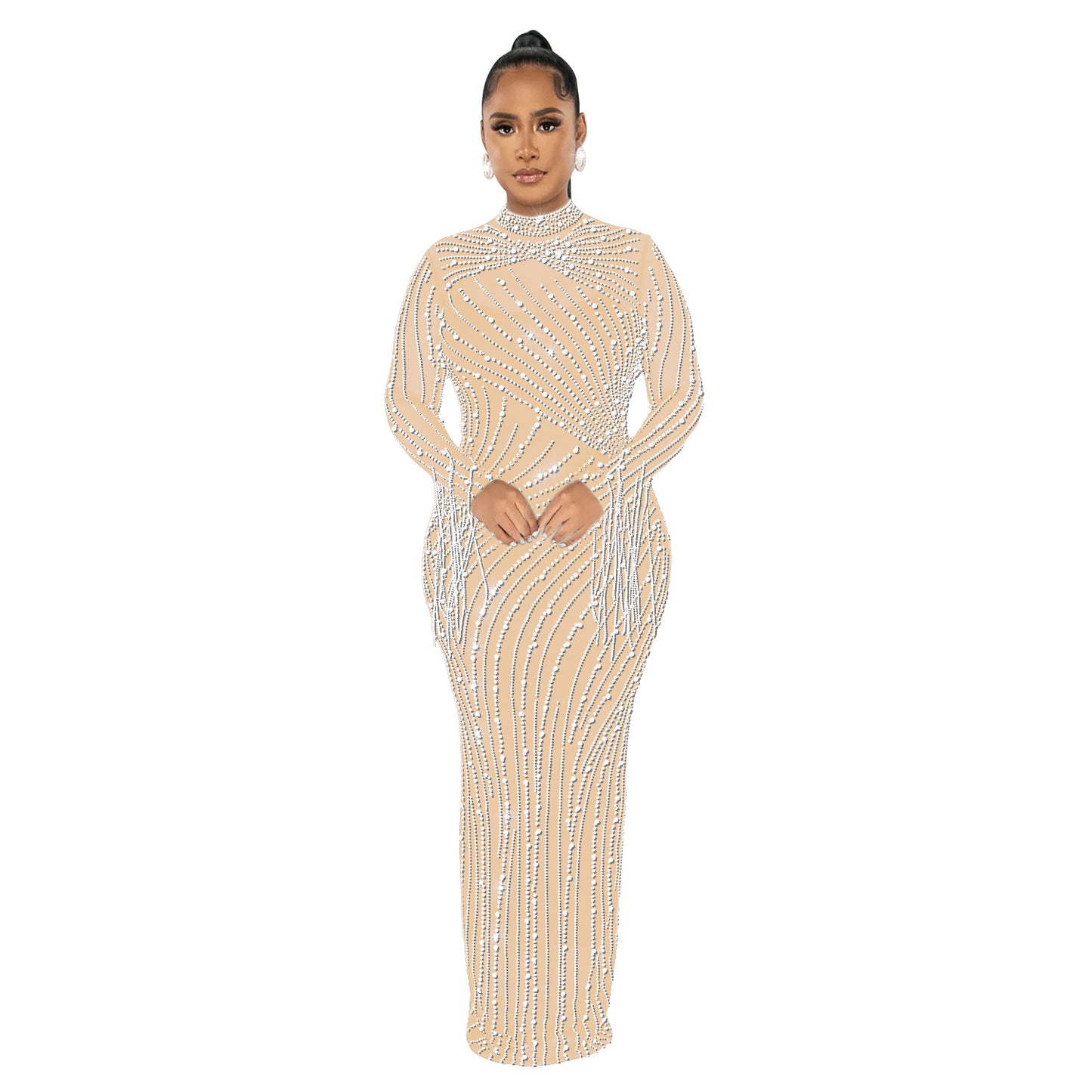 European and American Fashion Women's Clothing Mesh See-through Rhinestone Long Sleeve Long Dress Lined Two-piece Set