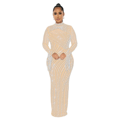 European and American Fashion Women's Clothing Mesh See-through Rhinestone Long Sleeve Long Dress Lined Two-piece Set