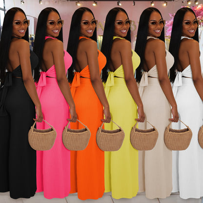 European and American Fashion Women's Casual Halter Neck Tie Top and Long Pants Two-Piece Set