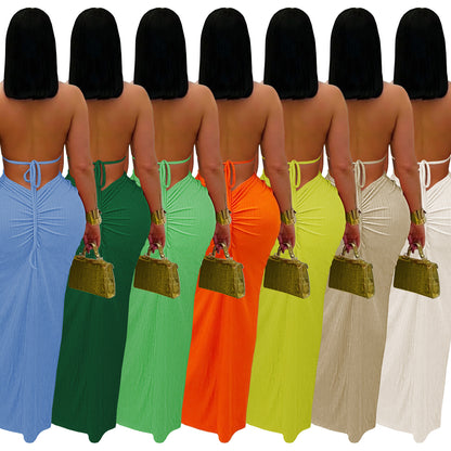 Fashion Women's Sexy Knitted Halter Backless Solid Color Dress