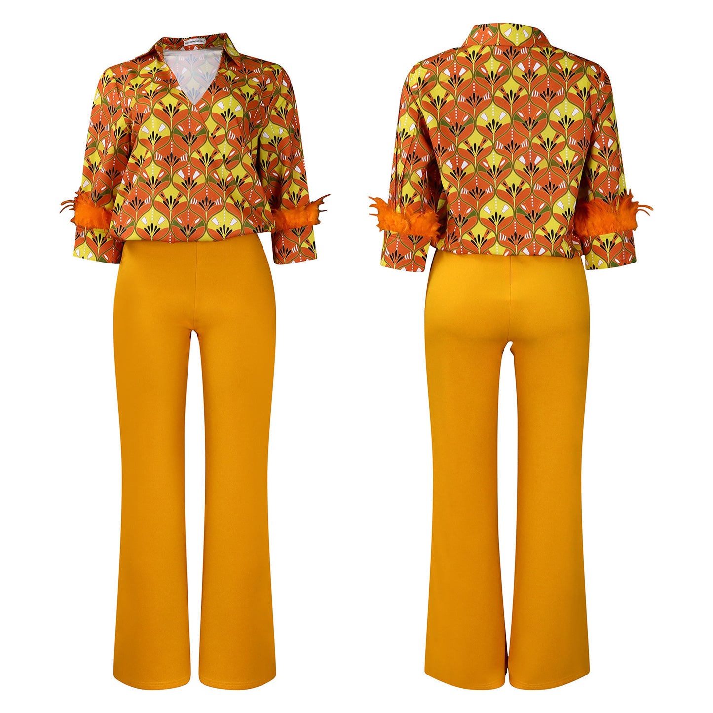 Printed Long Sleeve Shirt Elegant Wide Leg Pants Fashion Set