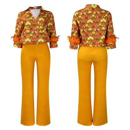 Printed Long Sleeve Shirt Elegant Wide Leg Pants Fashion Set