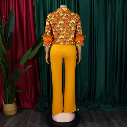 Printed Long Sleeve Shirt Elegant Wide Leg Pants Fashion Set