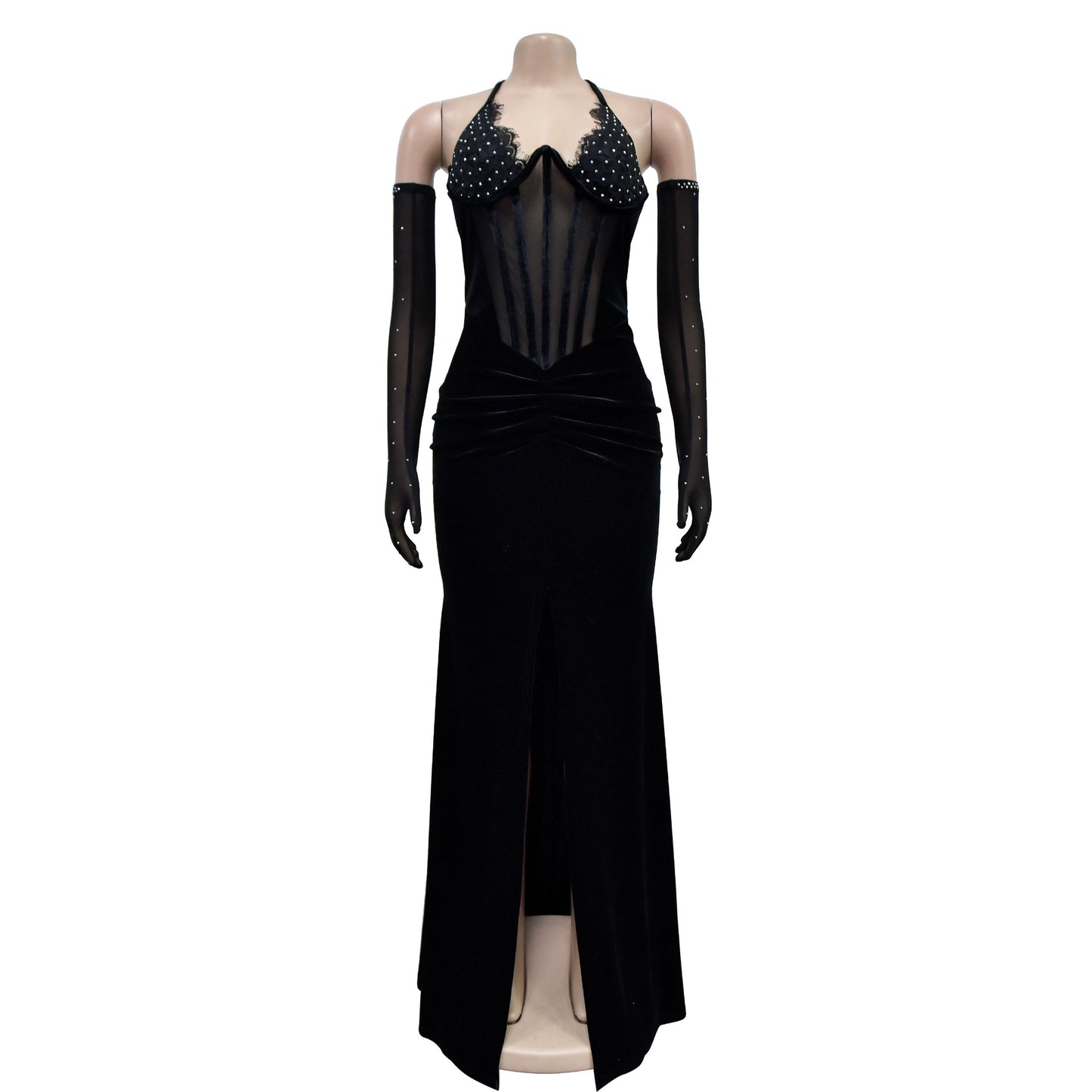 Fashion Women's Solid Color Halter Neck Slit Sexy Long Dress