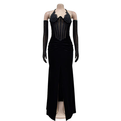 Fashion Women's Solid Color Halter Neck Slit Sexy Long Dress