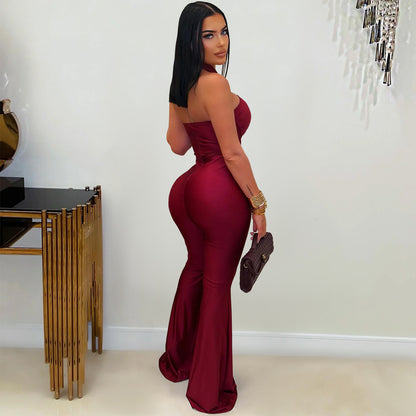European and American Fashion Women's Solid Color Elegant Halter Neck Wide Leg Arm-Hugging Jumpsuit