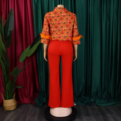 Printed Long Sleeve Shirt Elegant Wide Leg Pants Fashion Set