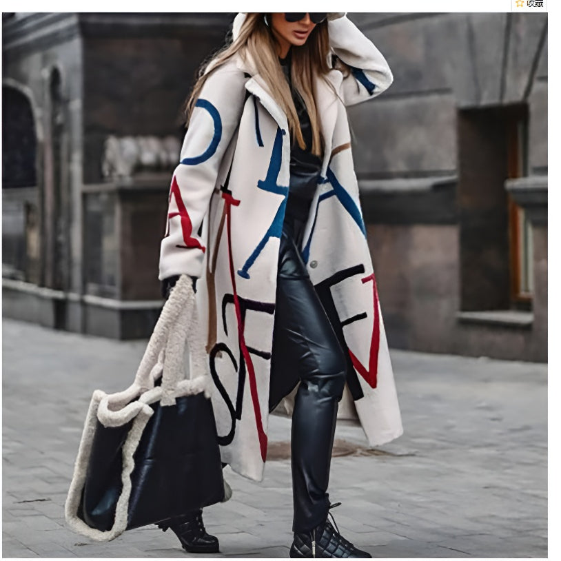 European and American Autumn Winter New Women's Loose Plus Size Printed Trench Coat with Turn-Down Collar Women's Coat