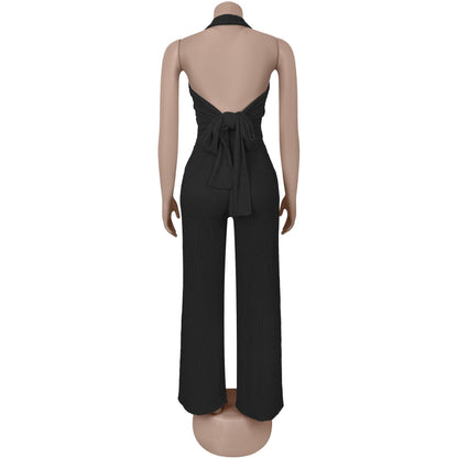European and American Fashion Women's Casual Halter Neck Tie Top and Long Pants Two-Piece Set