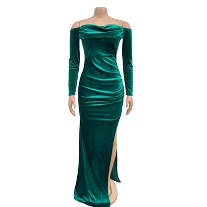 European and American Fashion Women's Solid Color Slit Evening Dress Low-Cut Dress New