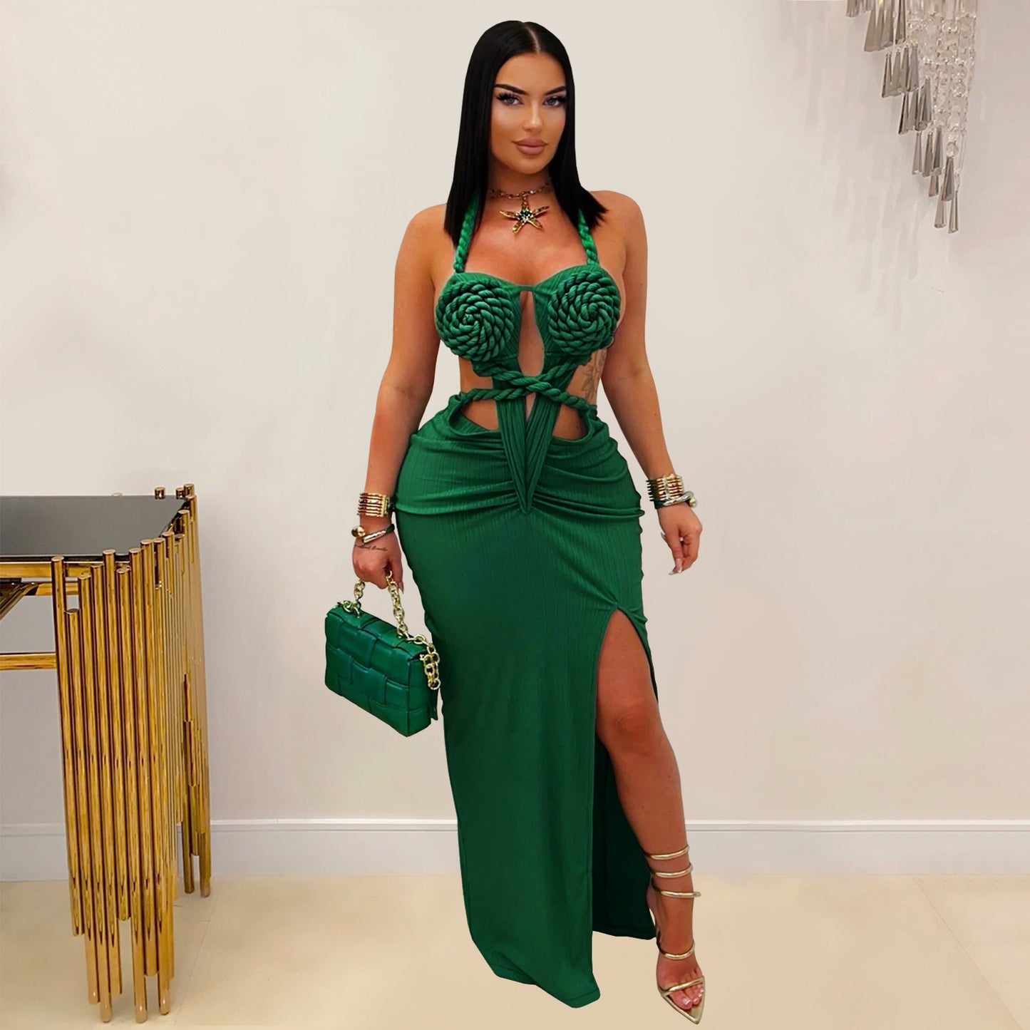 Fashion Women's Sexy Knitted Halter Backless Solid Color Dress