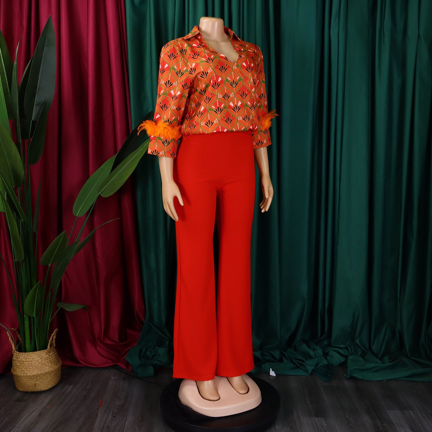 Printed Long Sleeve Shirt Elegant Wide Leg Pants Fashion Set