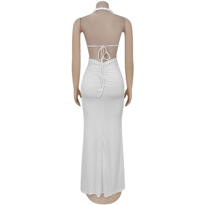 Fashion Women's Sexy Knitted Halter Backless Solid Color Dress
