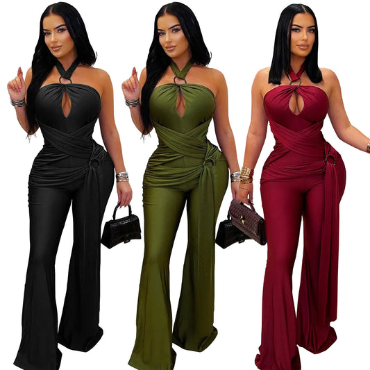 European and American Fashion Women's Solid Color Elegant Halter Neck Wide Leg Arm-Hugging Jumpsuit