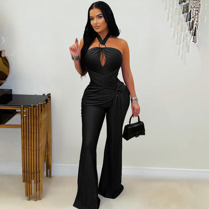 European and American Fashion Women's Solid Color Elegant Halter Neck Wide Leg Arm-Hugging Jumpsuit