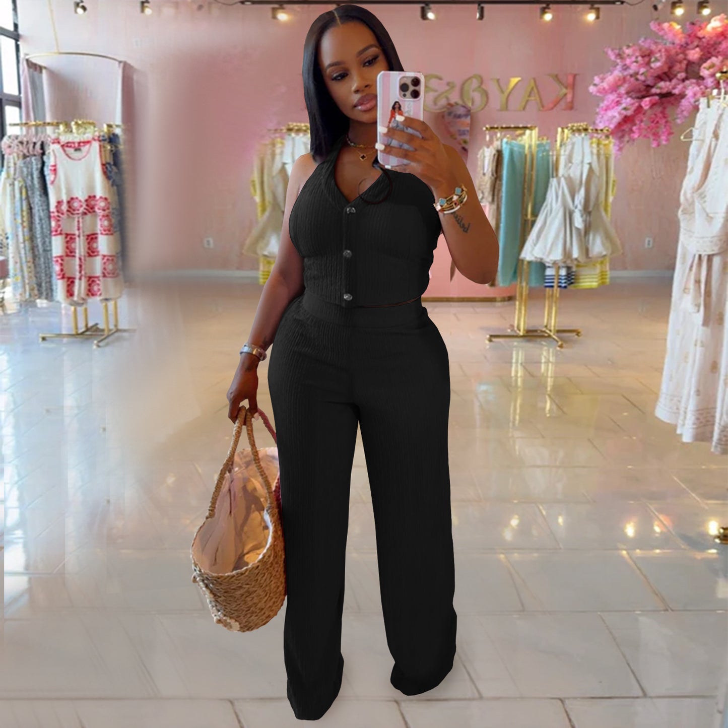 European and American Fashion Women's Casual Halter Neck Tie Top and Long Pants Two-Piece Set