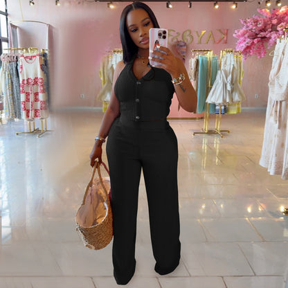 European and American Fashion Women's Casual Halter Neck Tie Top and Long Pants Two-Piece Set