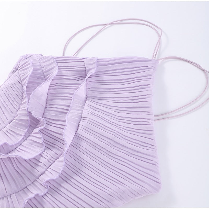 Summer Women's New Fashion Elegant Socialite Ruffled Pleated Halter Neck Strap Dress Long Dress for Women