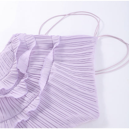 Summer Women's New Fashion Elegant Socialite Ruffled Pleated Halter Neck Strap Dress Long Dress for Women