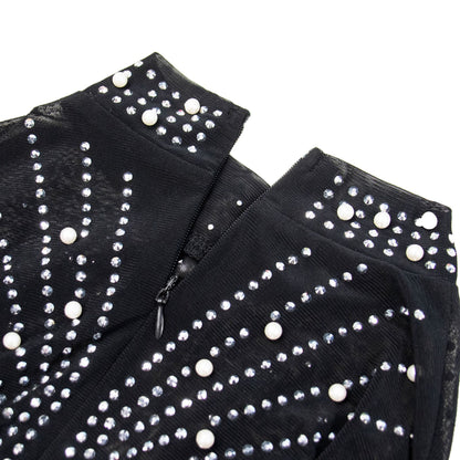 European and American Fashion Women's Clothing Mesh See-through Rhinestone Long Sleeve Long Dress Lined Two-piece Set