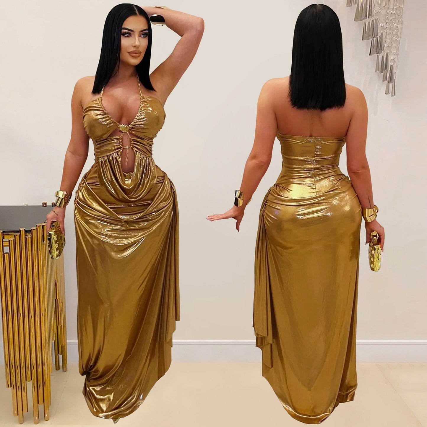 Women's Sexy Halter Neck Gold Chain Ruched Bodycon Dress
