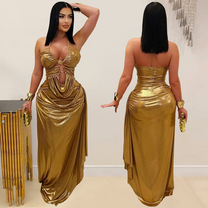 Women's Sexy Halter Neck Gold Chain Ruched Bodycon Dress