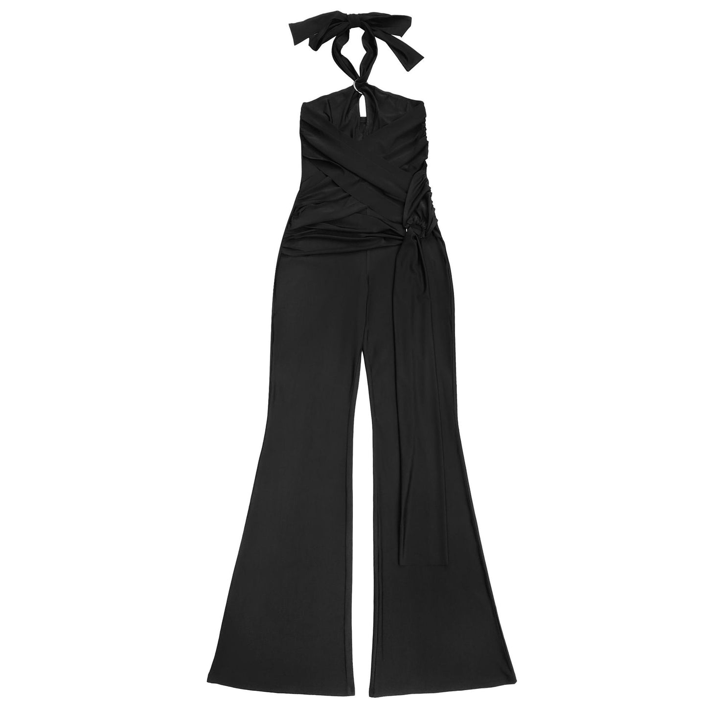 European and American Fashion Women's Solid Color Elegant Halter Neck Wide Leg Arm-Hugging Jumpsuit