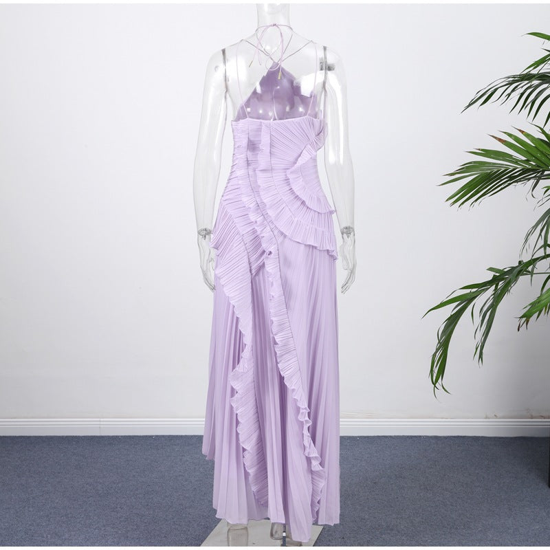 Summer Women's New Fashion Elegant Socialite Ruffled Pleated Halter Neck Strap Dress Long Dress for Women